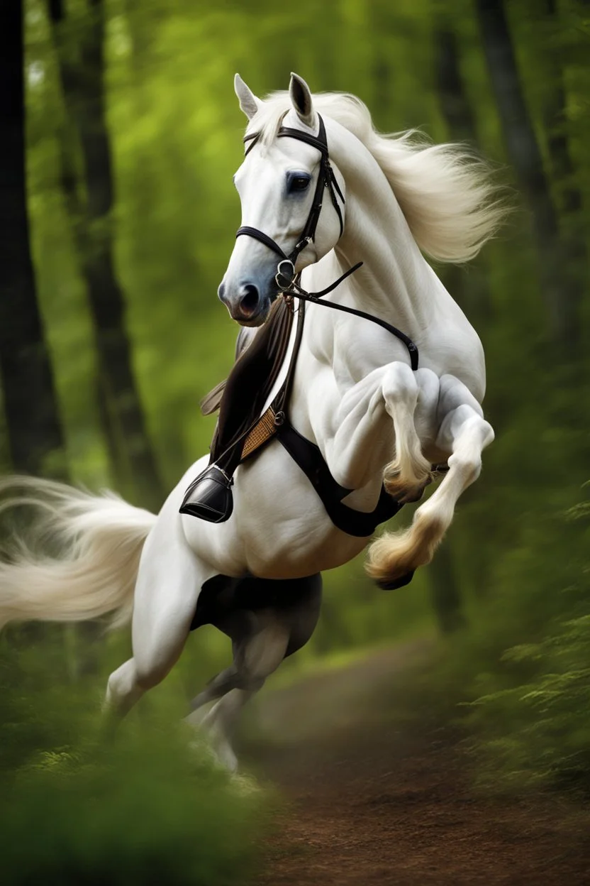 Ultra realistic photo of A majestic white stallion galloping through a lush, enchanted forest., fantasy, futuristic style, mystic, HOF, captured with professional DSLR camera,64k, ultra detailed,