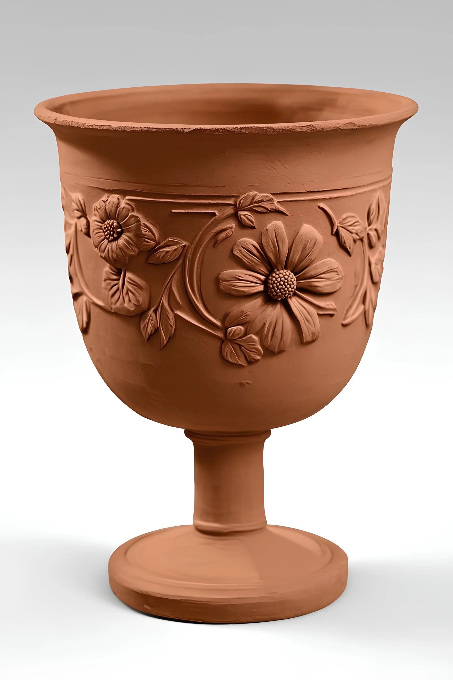 A terracotta goblet with embossed and raised floral and leaf patterns on the exterior, designed in a minimalist style.