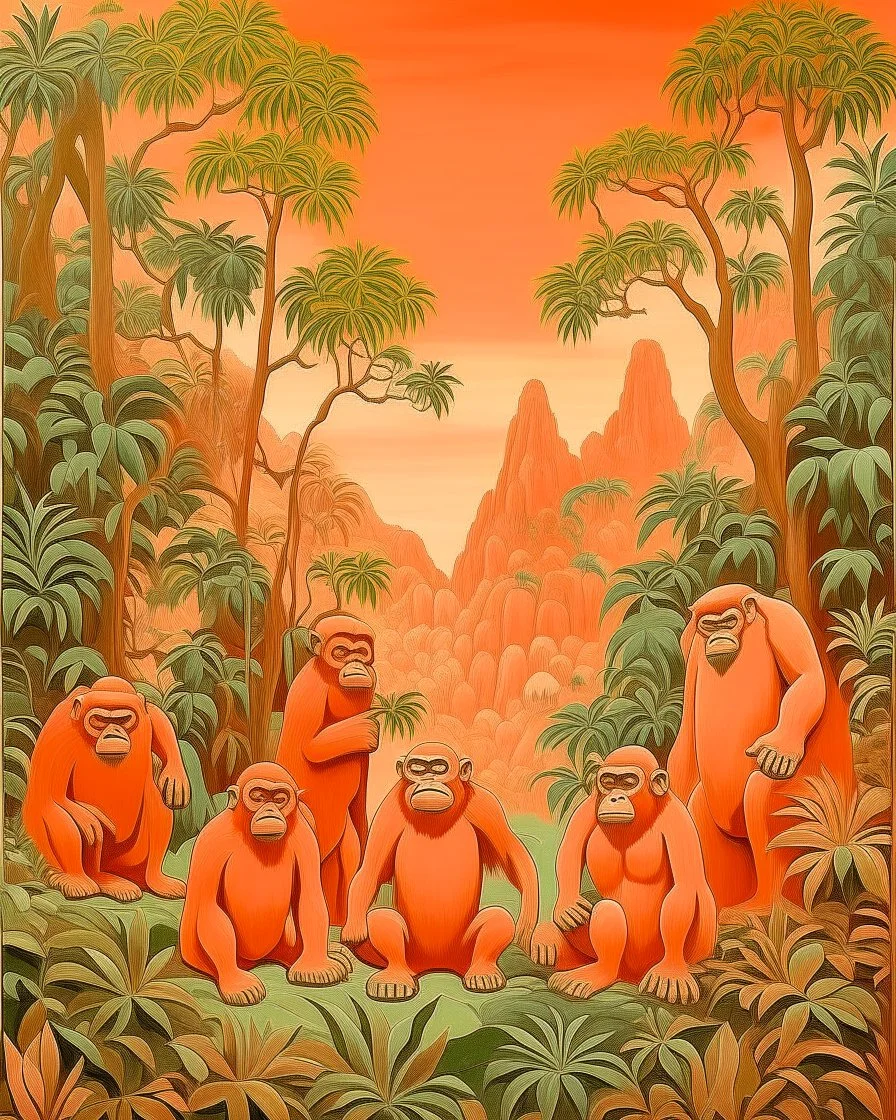 A light rosy orange colored jungle with gorillas designed in Australian aboriginal art painted by Rene Magritte