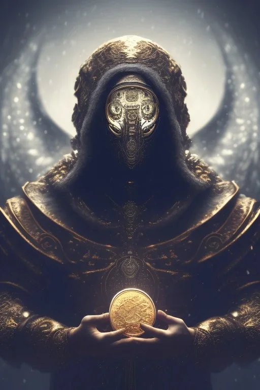 running berserker portrait , no face, black jogging suite , in the night Alps , holding coins , angels background, volumetric gold light, high detail, dark leaf tree, dark mountains in background, perfect, HR Giger style