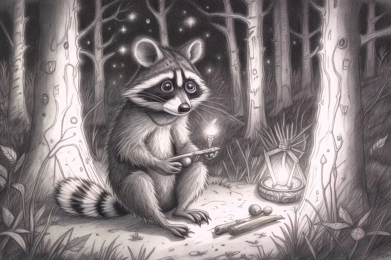 At dusk a curious raccoon explores the forest. Tiptoeing into human campsites, intrigued by artifacts they found.- Pencil drawing, realistic, graphite