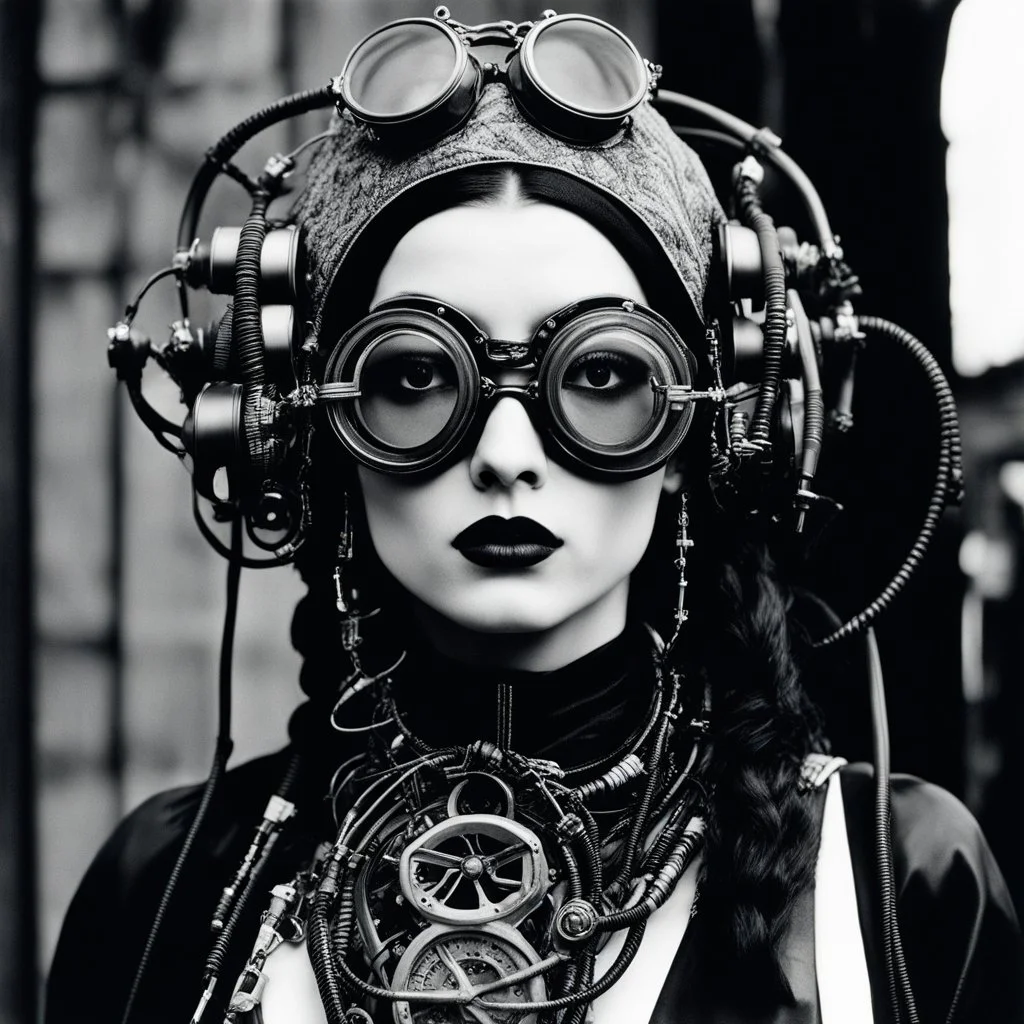 [Le Cabinet de Curiosités by helmut newton] Adorned in a mix of gothic, cyberpunk, and steampunk elements, she wears enormous round goggles that frame her enchanting face, accentuating her alluring features. Thick wires, hoses, and cables entwine around her form, weaving a tapestry of circuitry and fiber optics that pulsate with an otherworldly glow. A headdress of intricate design crowns her head, a symphony of massive combat boots and tight straps that speak of a futuristic past infused with r