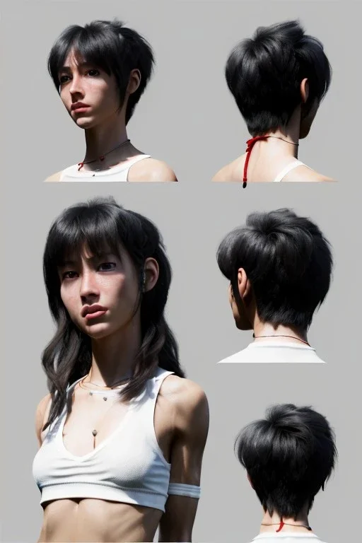 Ultra Realistic image, 25 years old brunette woman, Madrid, portrait, small stature, small chest, yakuza body tattoo, white broken cotton short undershirt, black latex short, akira anime style, vibrant color, highly detailed, art stations, concept art, smooth, unreal engine 5, god rays, ray tracing, RTX, lumen lighting, ultra detail, volumetric lighting.