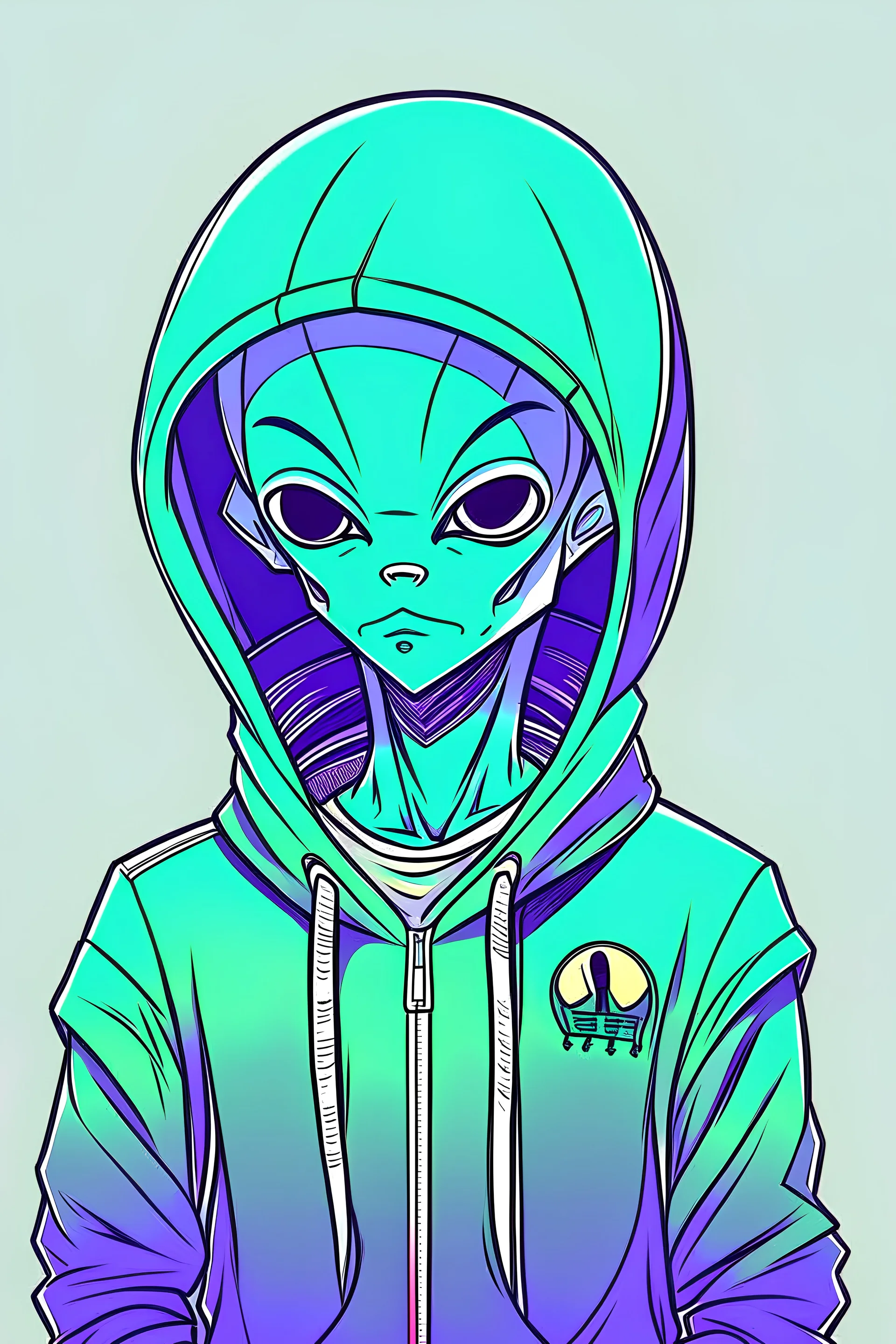 Anime style of an alien man wearing a sweatshirt