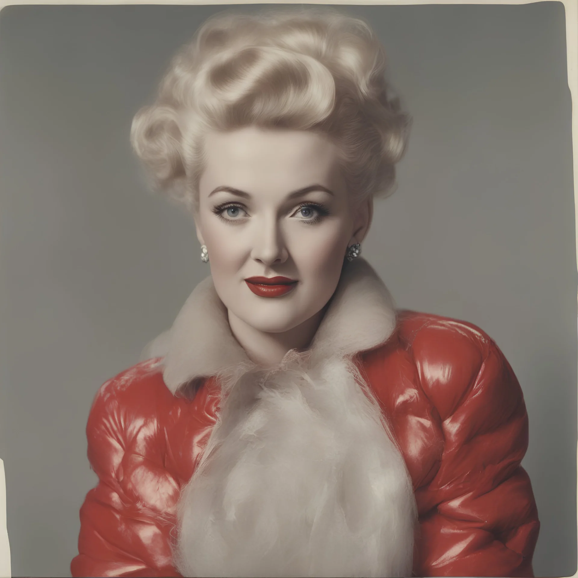 Actress betty grable , red, autochrome, plastic puffy jacket