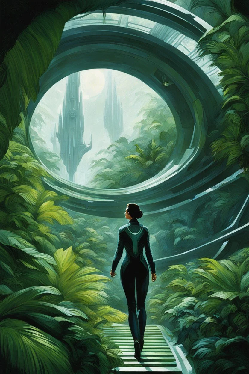 [Kupka] Driven by an unexplained urge, Ensign Williams followed her instincts, venturing outside the secured areas of the Starfleet vessel USS Enterprise and into the dense jungle moon below. The lush flora stretched as far as the sensor's visual range, a stark contrast to the sleek corridors and halls of starships she called home. The sterile environment of starships seemed distant here, replaced by the vastness of an undiscovered alien ecosystem. Vines, trees and exotic plants of unknown bioch