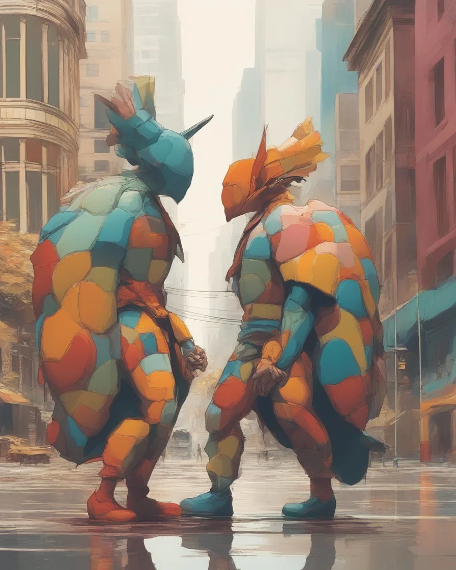 whimsical arafed nonsense, patchwork vibe, (((side view))) two arafed cyberlords fighting each other in a rainy whimsical downtown street with extreme body action and with (((exaggerated body parts))), (((oversize head))), sharp color contrasts, amazing shadows, (((exaggerated limbs and head))), minimal cozy, warm palette, bright bold warm summer colors with yellow orange black colors, color leak, heavily distorted views, amazing parallels, extreme urban decay