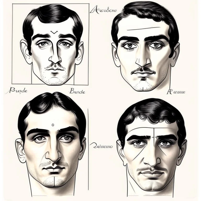 About drawing these features of a man's face Eyes: almond-shaped, medium-sized with defined eyelids and a direct and steady look. nose: a nose with prominent features, straight and with a slightly pointed tip, which can be described as a Roman nose. Mouth: Medium width with defined lips, neither too full nor too thin. Eyebrows: Naturally dense and curved, to match the shape of the face. Big Mustache: dense and arched following the shape of the upper lip.Chin and jaw: A prominent chin and defined