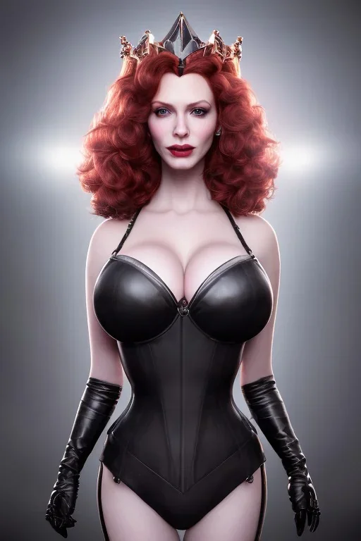 Christina Hendricks as evil queen in black leather gown, feminie, angry, stern look on her face, volouptous, busty, cleavage, emperious, mature unreal 5, octane render,cinema4d, dynamic lighting, dramatic lighting, 4k, redshift render, highly detailed, hyper realistic, in space