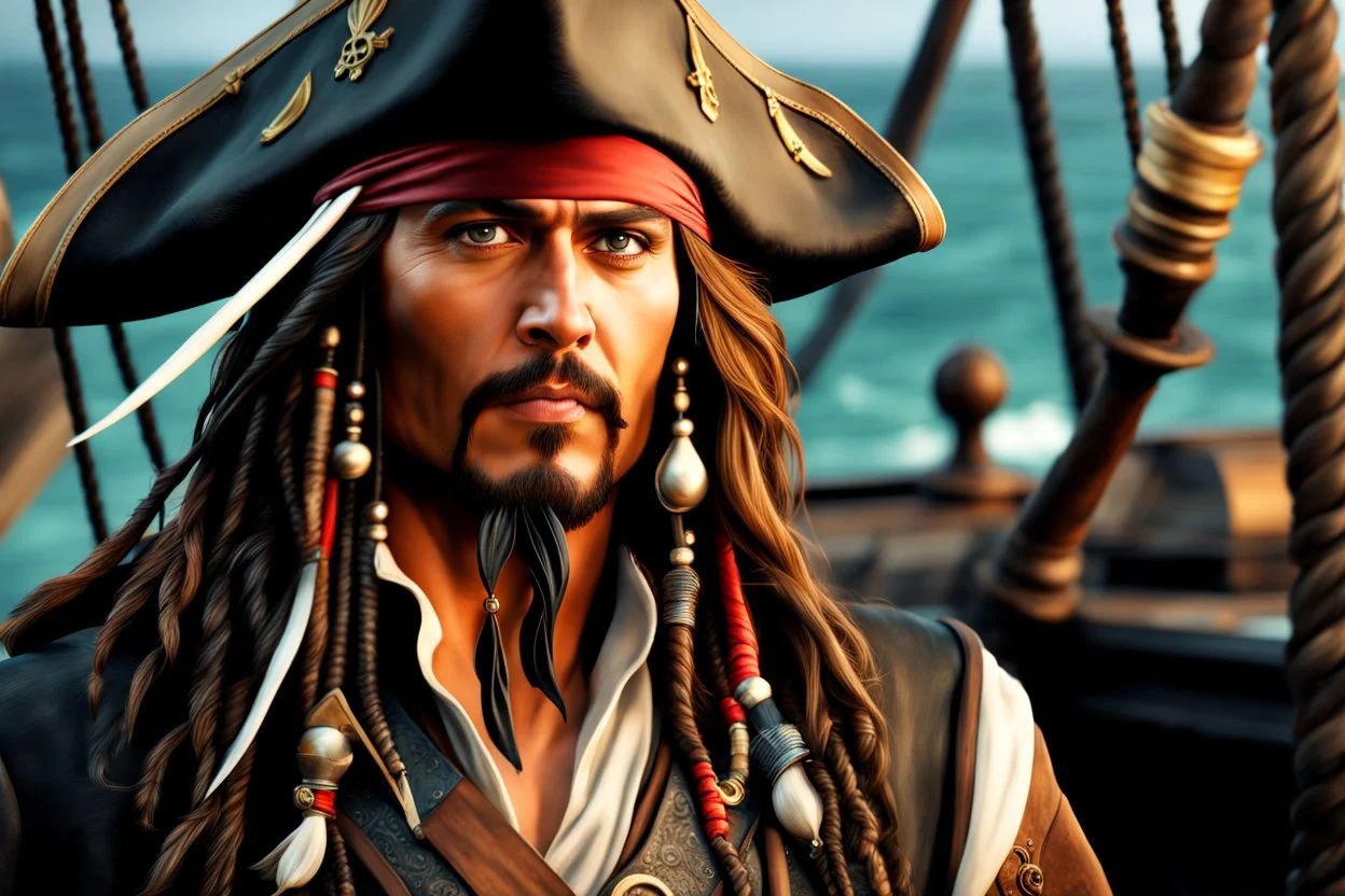 Johnny deep in 8k cgi game drawing style, Jack Sparrow them, pirate custom, close picture, rain, Ocean, intricate details, highly detailed, high details, detailed portrait, masterpiece,ultra detailed, ultra quality
