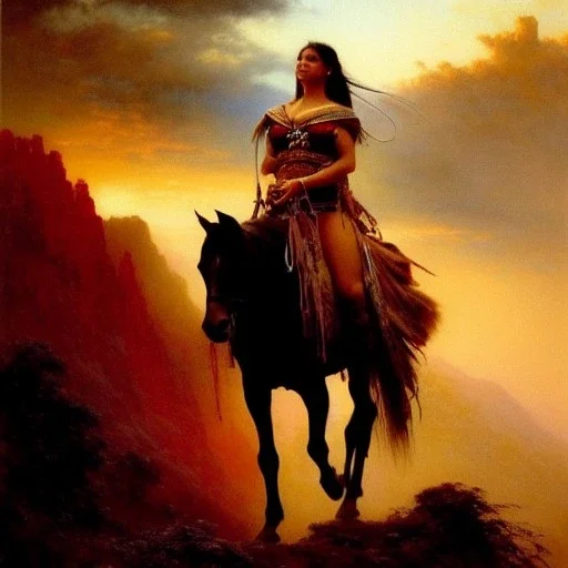 Drawing of beautiful face extra busty apache female warrior on horse,forest,river,mountains,ancient leather armor, balanciaga fashion clothe painting by gaston bussiere, greg rutkowski, yoji shinkawa, yoshitaka amano, tsutomu nihei, donato giancola, tim hildebrandt, oil on canvas, cinematic composition, extreme detail,fit full head inside picture,16k