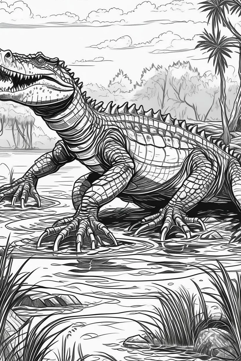 Outline art, no shading, full body crocodile in the river, black and white, low detail, --ar 9:11