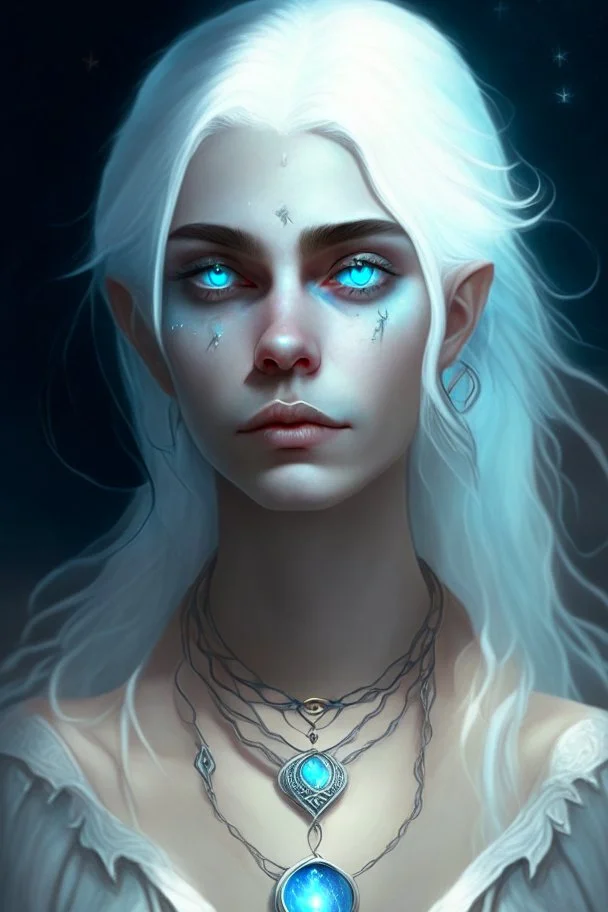 hauntingly beautiful character for dnd, young woman with white hair and blue eyes, angel, with moon necklace