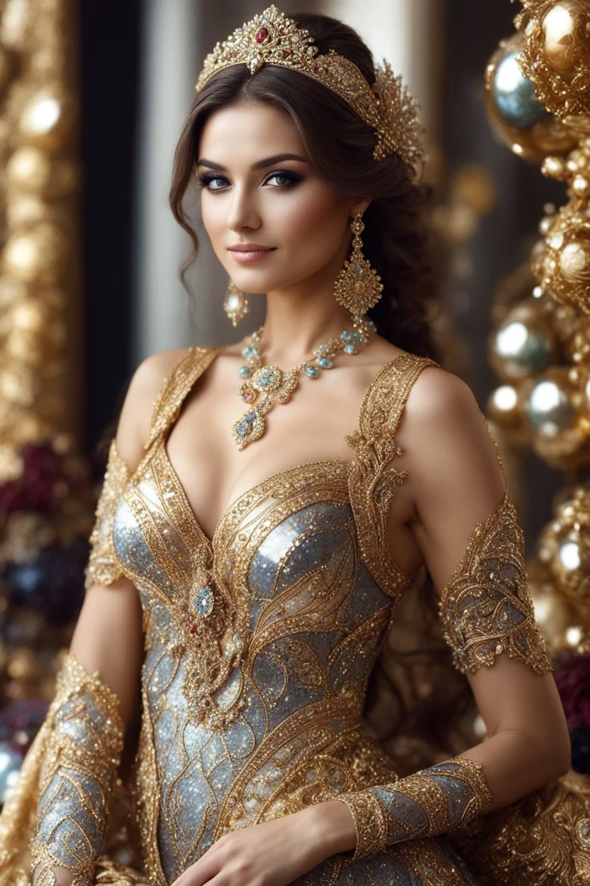 Half body pose gorgeous photography art,cinematic realistic colors,soft blur lens focus dslr,natural beauty, of young woman, smiling, beautiful, shiny grey eyes, make up,Persian Queen style, shiny baubles, ornate, medium gemstones, shiny molten metalics,luxury dress shiny ornaments flowers pattern golden,full jewelrys diamonds bright shining,brown hair, high definition,in luxury castle background