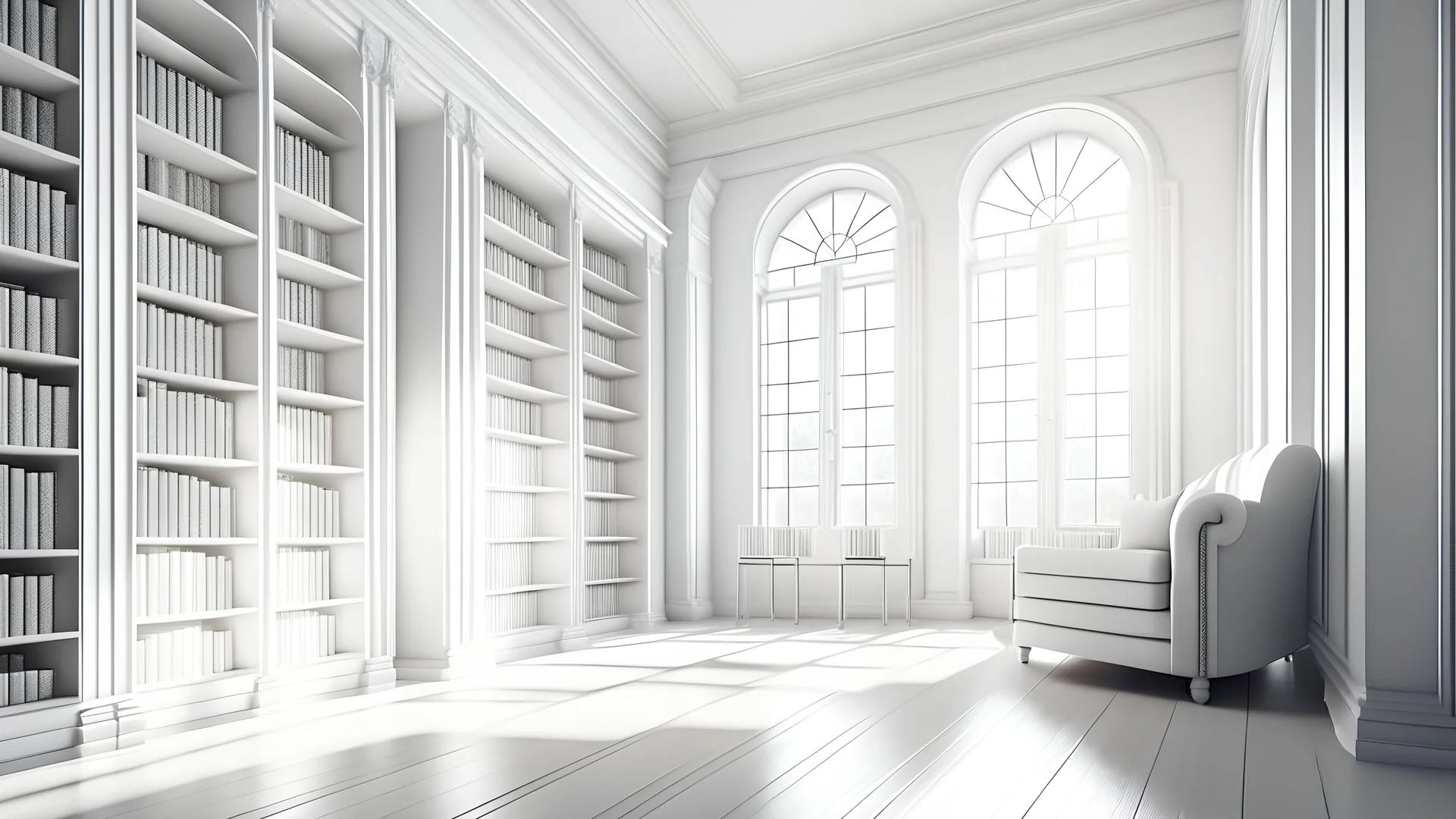 New white library interior with sunlight. Decor and desing concept. 3D Rendering