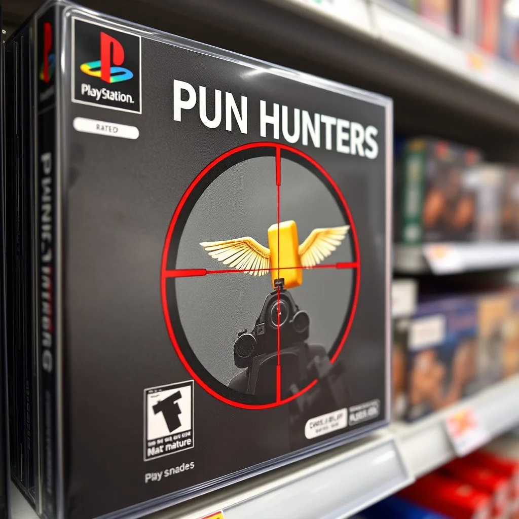 close up on a Playstation video game case on display on a store shelf for game titled "PUN HUNTERS", game case image is a pixelated video game image of a red sniper crosshair zeroing in on an anthropomorphic butter stick with wings, rated M for mature, original playstation game box satire,