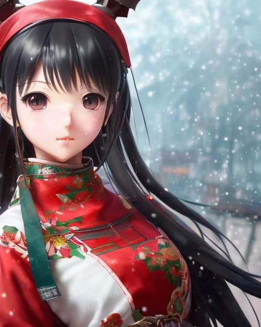 Detailed cute happy anime Kunoichi Christmas girl, Christmas colours, intricate details, full body portrait, keep head in frame, slight smile, black Japanese motif, concept art, highly detailed, digital painting, concept art, sharp focus, illustration, art by Yoji Shinkawa, WLOP and greg rutkowski and alphonse mucha and artgerm and yanjun Chen and Junji ito and Makoto Shinkai, HDR, octane render