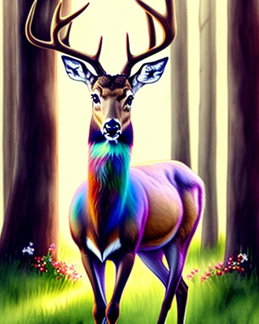 deer with antlers standing sideways, looking at viewer, realistic water color painted, among light colored tall simplified tree trunks, foggy, Easter Spring pastel colors, colorful, dark background