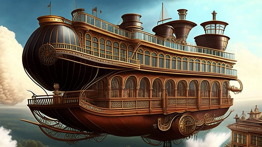 large wooden Victorian pleasure steamboat flying above a city, balconies, verandas