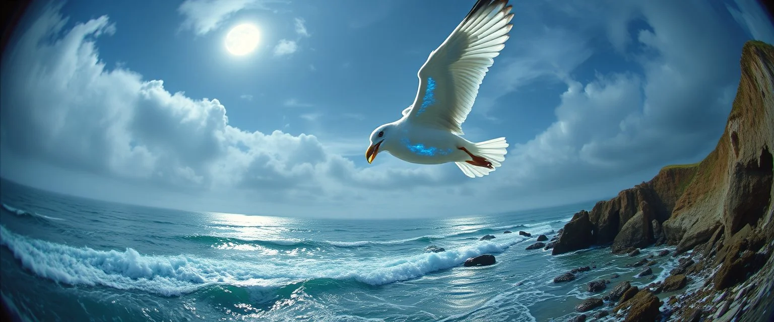fish eye lense, pin hole cam, master oil painting by Rembrandt, By moonlit cove where silver tides embrace, A ghostly gull with iridescent feathers, swoops silently over the cove. Comment: "I have circled this coast since the world was young. Driftwood sings in knotted tongues, yet I hear your echo in each pulse. Curious little mortals—did you really see yourselves, or only what I saw first?"A neon super long dragon troll nun ghostly gull with iridescent feathers, swoops silently over the cove.