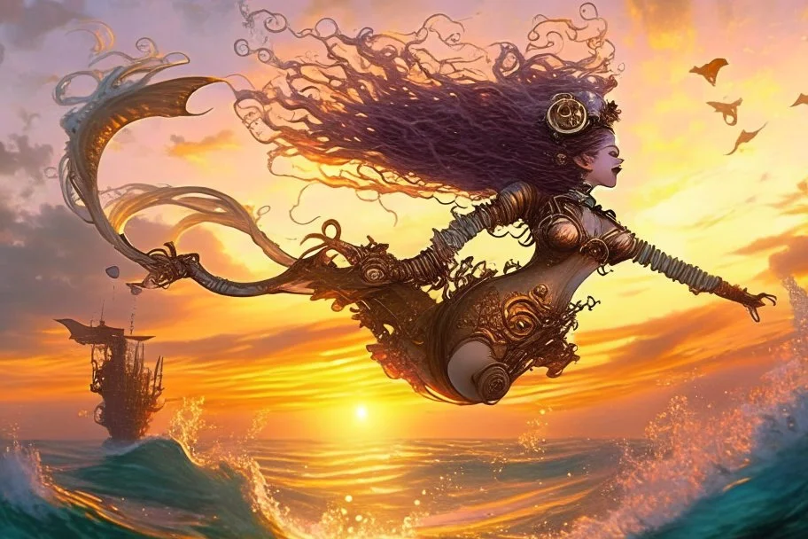 the most Beautiful steampunk Mermaid, jumping out of the Ocean at sunset