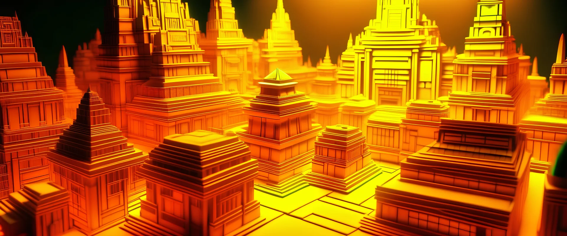 A yellow neon city designed in Mayan architecture