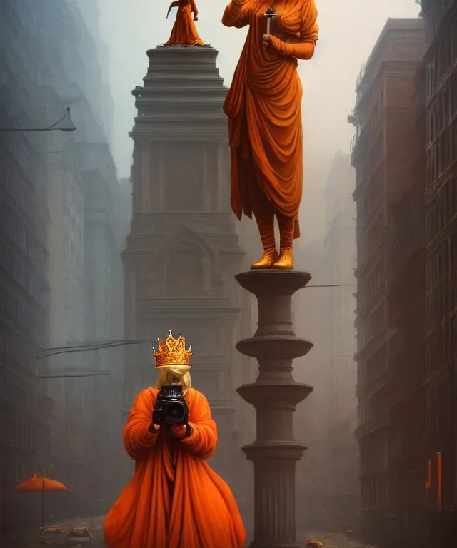 Statue of Queen of photography holding camera in hands. Cute blonde woman. Photographer in golden crown. Standing on the street. Big camera in her hand. hyperdetailed, photorealistic, trending on artstation, greg rutkowski, beksinski, kodachrome, volumetric lighting, gold and orange