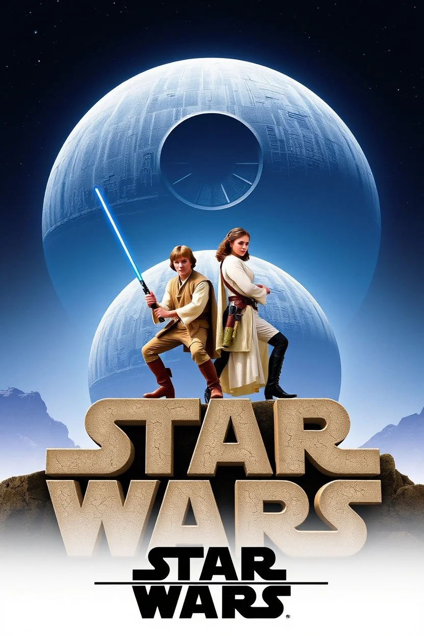 movie poster for Star Wars featuring luke and leia in iconic poses atop of a the words "STAR WARS" made of stone, the death star in background