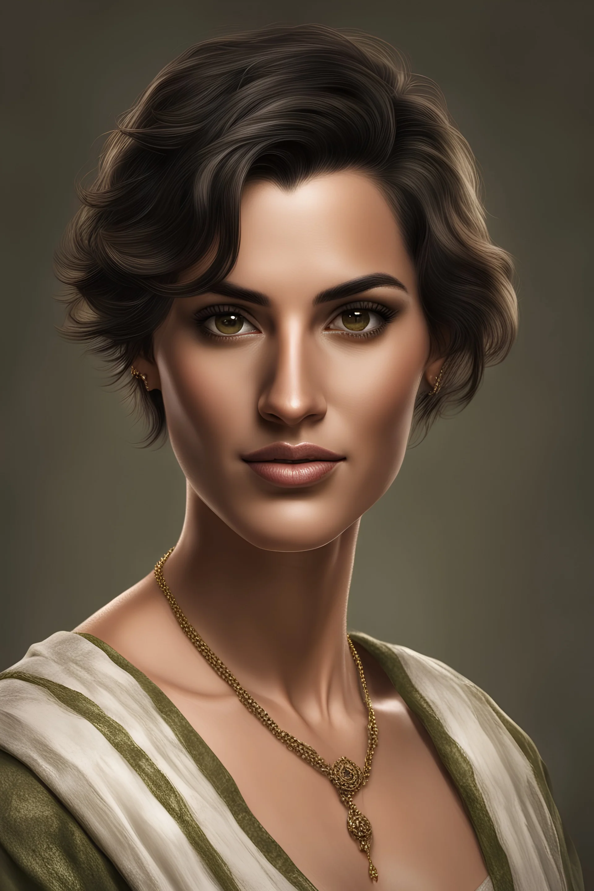 realistic arab woman, mid thirties, round face, short hair, deep olive toned skin