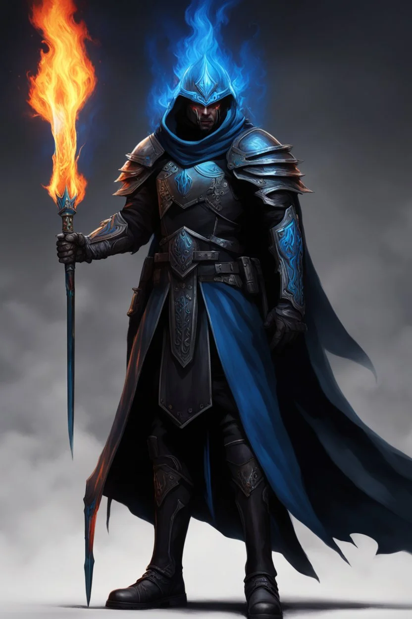 A commander with a matte black combat helmet and eyes with bright blue flaming pupils, a black cape and a long coat with long combat boots and a long, sharp and fiery spear and with his helmet under his cape and two blue flames instead of eyes