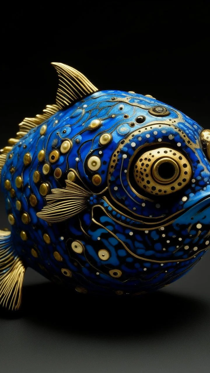 An indigo water elemental pufferfish designed in ancient Roman mosaics painted by Gustav Klimt