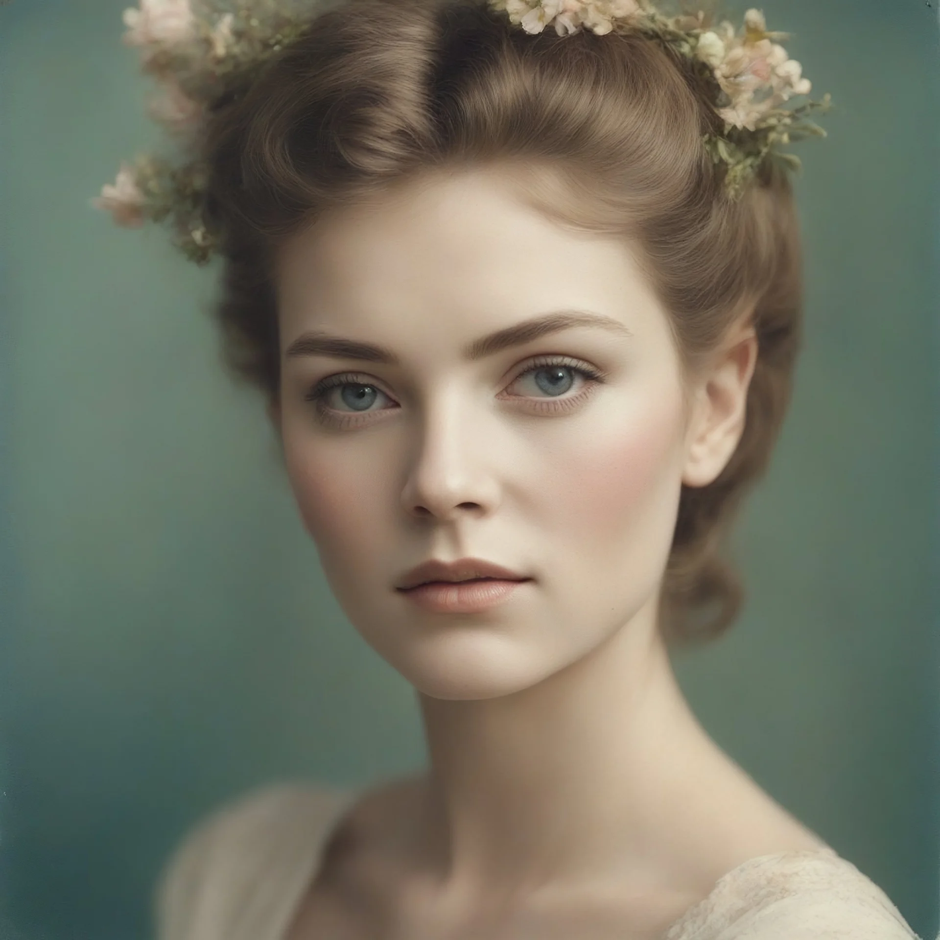 1960s autochrome head shot of a stunning young woman, hair pulled up and adorned with teeny-tiny flowers,