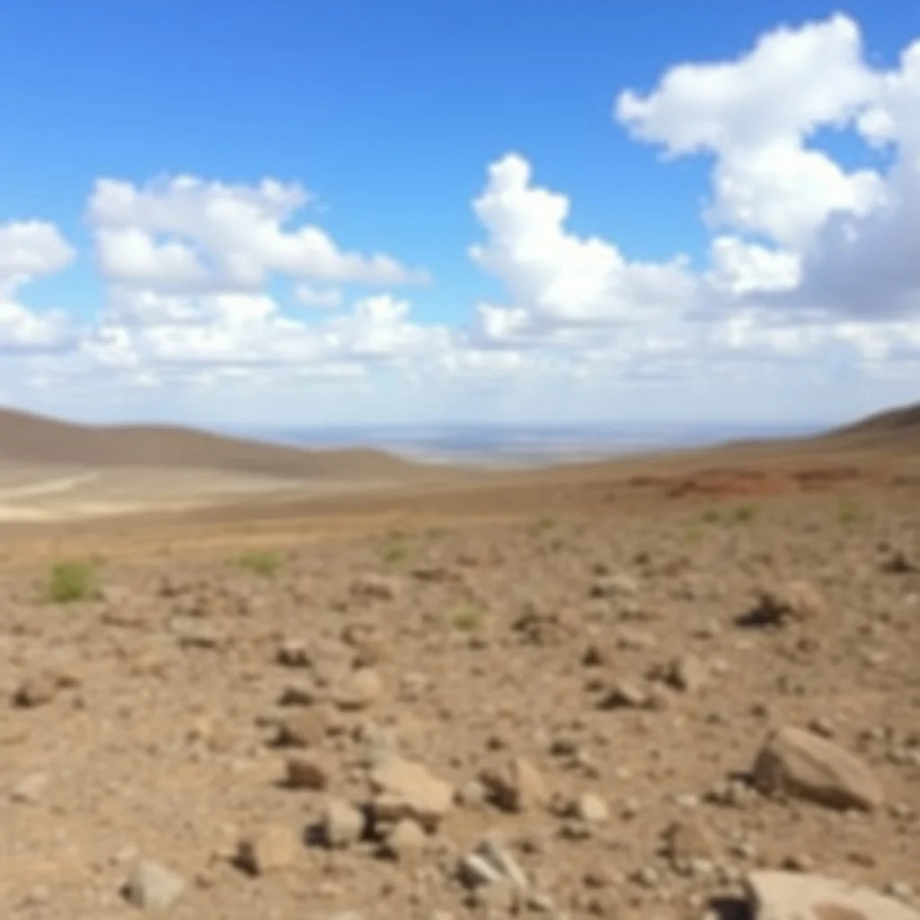 Fotografia di un paesaggio con un terreno roccioso o arido in primo piano e un cielo azzurro con nuvole bianche sullo sfondo. L'immagine sembra avere un aspetto granuloso o sfocato, forse per un effetto stilistico o la qualità della fotografia.