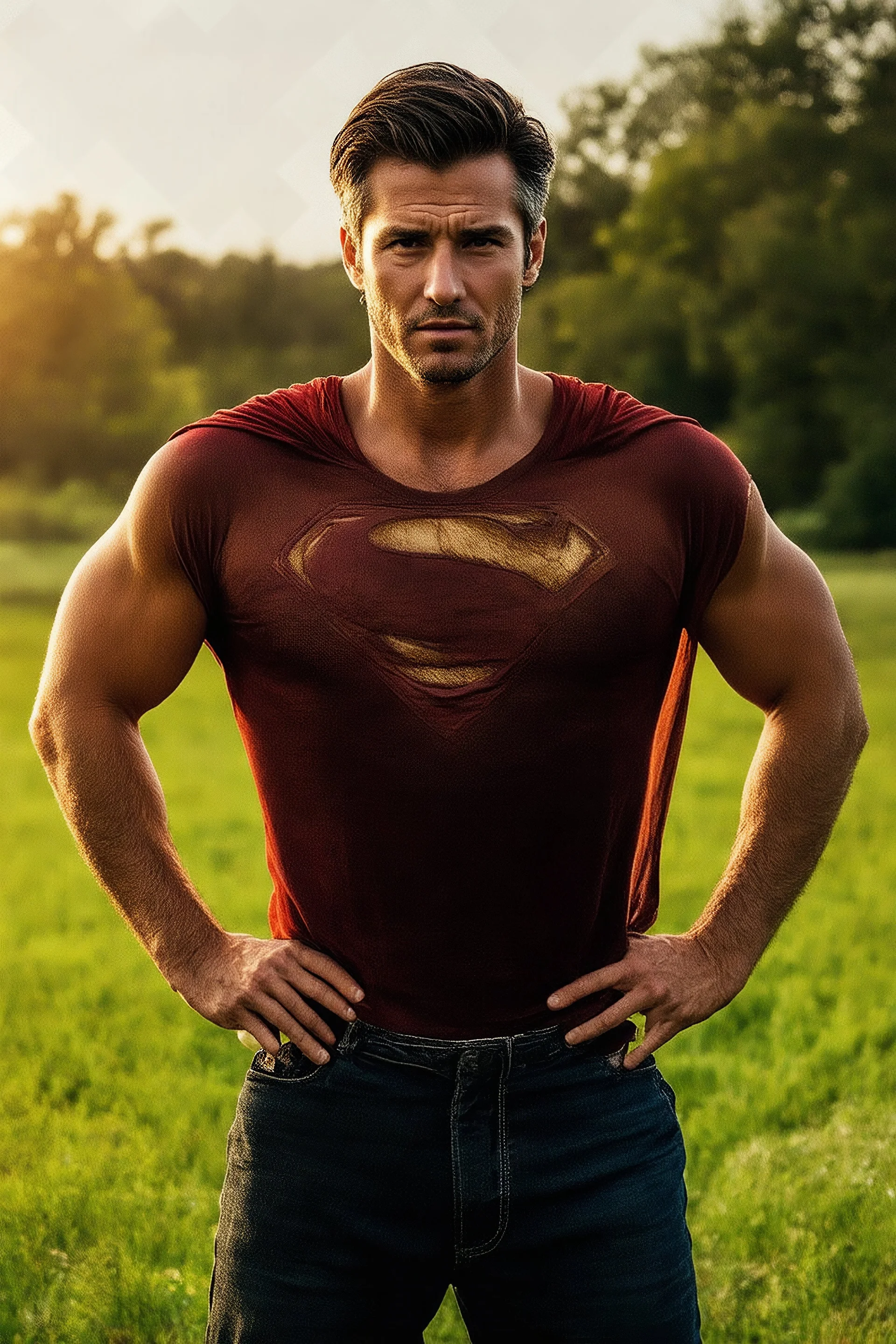 Full-length image, head to toe, create a photorealistic portrait of an extremely muscular Tom Welling Superman as an old man, with (dyed black hair:1.3), and gray temples and sideburns, standing outside the Kent Farmhouse in a green field with his hands on his hips, in the late afternoon, with natural sunlight casting warm golden light across his face revealing every wrinkle and the texture of his skin, sharp focus on his eyes showing depth, moisture, reflections, with a soft bokeh background