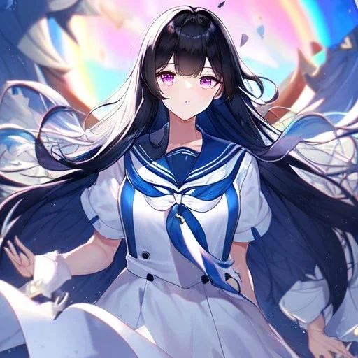 Clear focus, High resolution, Black long fluffy hair, purple eyes, wearing a sailor uniform, shattered rainbow in triagle formation, blue top, white skirt