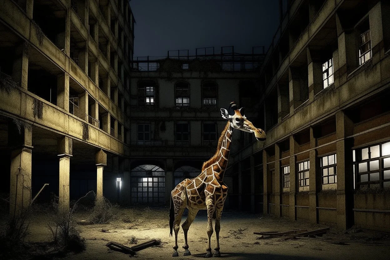 giraffe in the middle of a large central courtyard between decaying buildings, midnight, giraffe illuminated by dim light, reality, real photography, 16K, like in the movie 'The Great Beauty' by Sorrentino