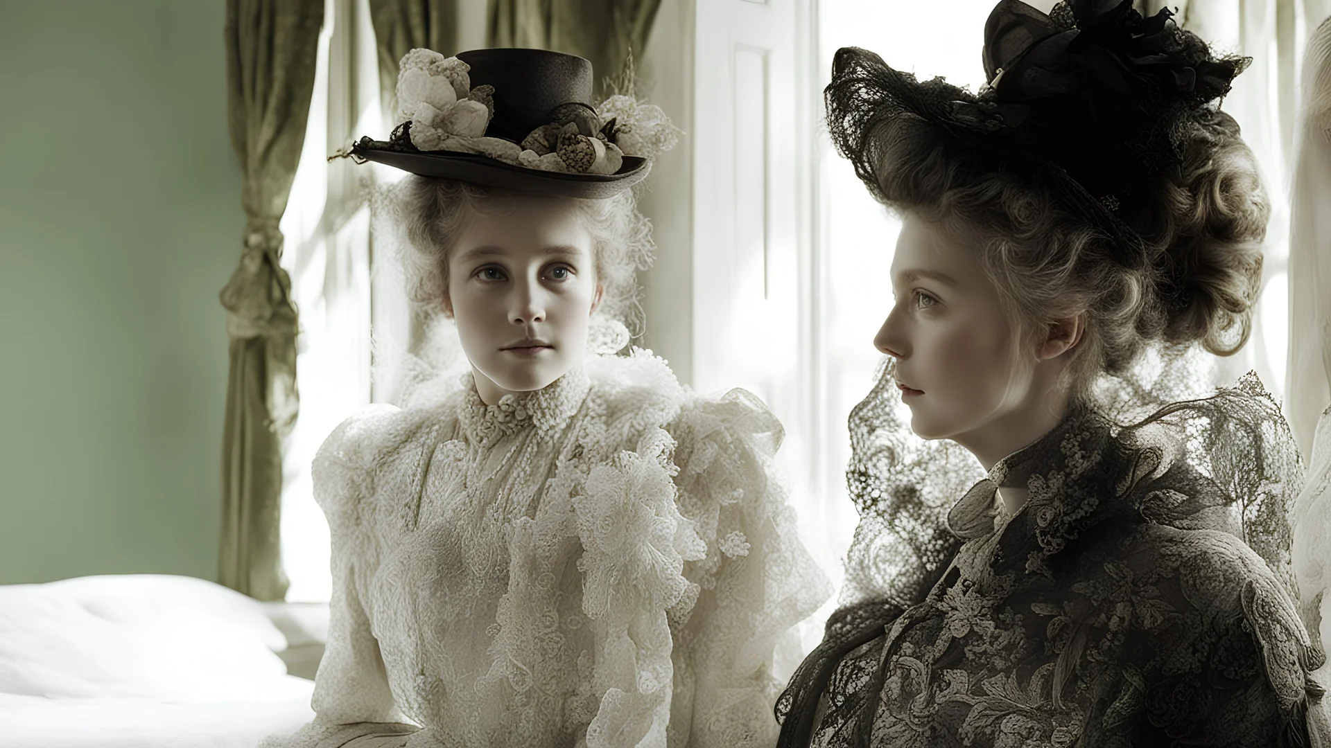 two Victorian older girls wearing elaborate lace cloaks