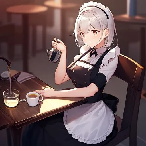 anime girl dressed as a waitress filling a tea cup of coffee, in a busy diner, with tables and chairs nd booths, two identical tea cups sitting on a table, waitress is pouring coffee into a cup and it over flows, one cup is overflowing and the other is empty