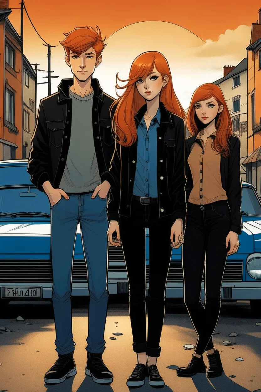 Two teenage brothers with ginger hair plus a teenage punk girl with dark hair are standing in characteristic book cover-style poses. Three black cats walk with them. They are young amateur detectives. The town street with a white van in the background, a mysterious atmosphere