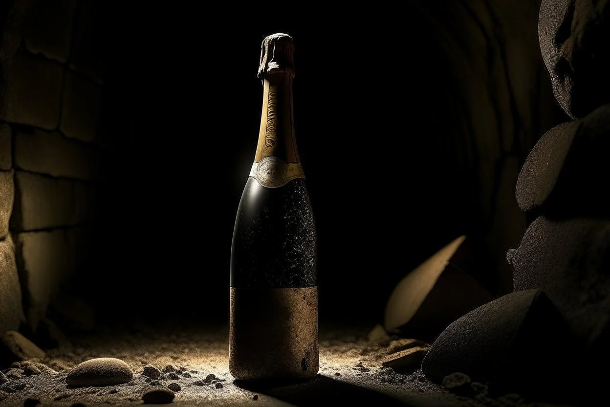 Una Botella de champán tradicional, en primer plano el corcho, bodega en claro oscuro. Fotografía con cámara Leica. Objetivo de 35 mm