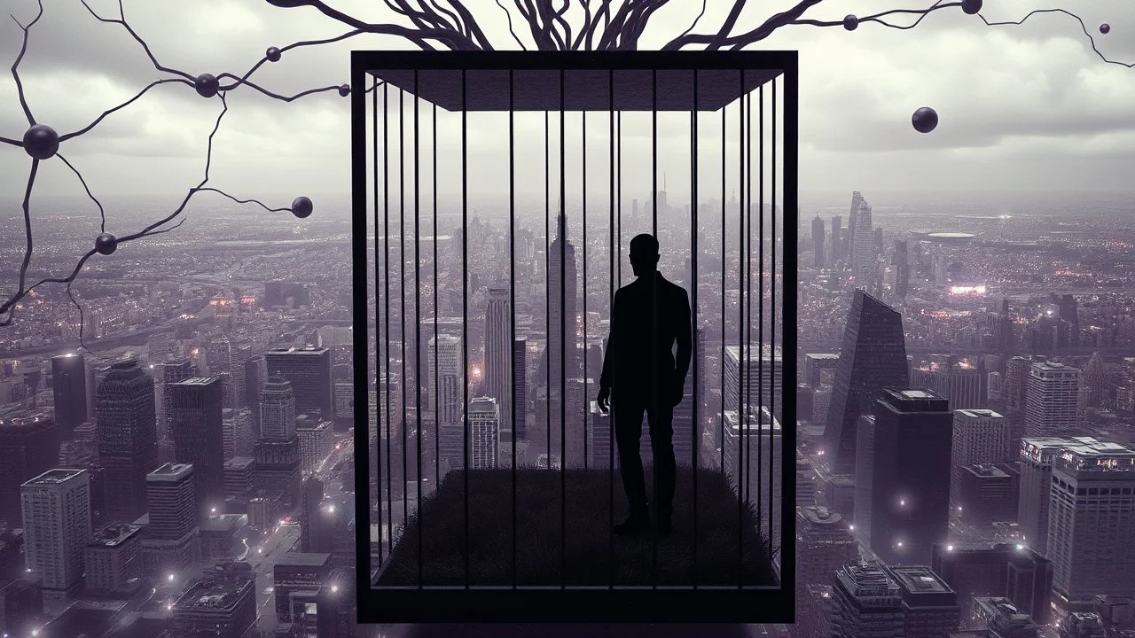 inner in an cube like cage stands a nonbynari human figure and gaze city, , in outside around in the distance big landscape with big city and many fade human figures in the city, dark purple, gray, black, white, brown. Whimsical style neuron network background, surreal stunning vibe