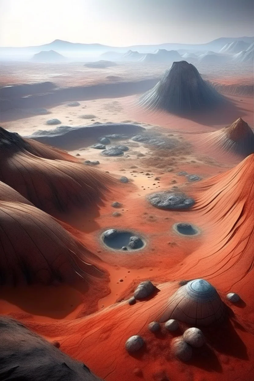 Imagen desde arriba de cerca de la superficie de un planeta desconocido, se puede apreciar el pasaje desertico color rojo con algunas elevaciones rocosas y lagos humeantes, escondidos entre rocas algunas especies tipo serpientes y vegetacion parecida a la que hay en los desiertos en el planeta tierra