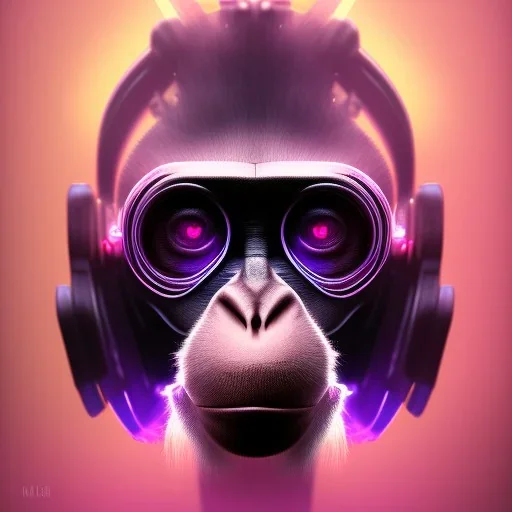 A beautiful portrait of a cyborg monkey purple neon color scheme, high key lighting, volumetric light high details psychedelic background