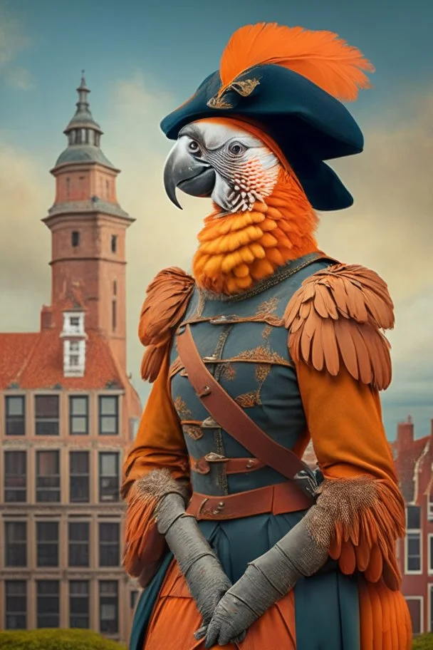 Female Half parrot half human in a old 1700s orange Dutch uniform in front of a Dutch city