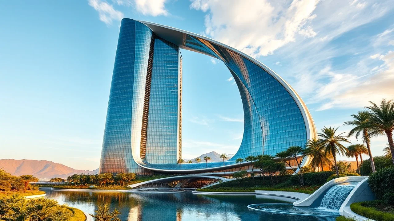 A futuristic skyscraper designed with sweeping hyperbolic curves, where the entire façade is made of reflective glass. The building rises gracefully toward the sky, with its symmetrical hyperbolic arc creating a sense of balance and elegance. Surrounding the structure are lush gardens and flowing water features that mirror the curves of the building. There are mountains in the distance. Beautiful lighting at sunrise. Award-winning photograph.