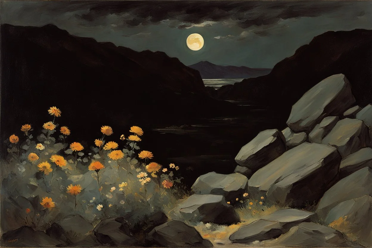 Landscape with night, mountains, flowers, rocks, winslow homer paintings