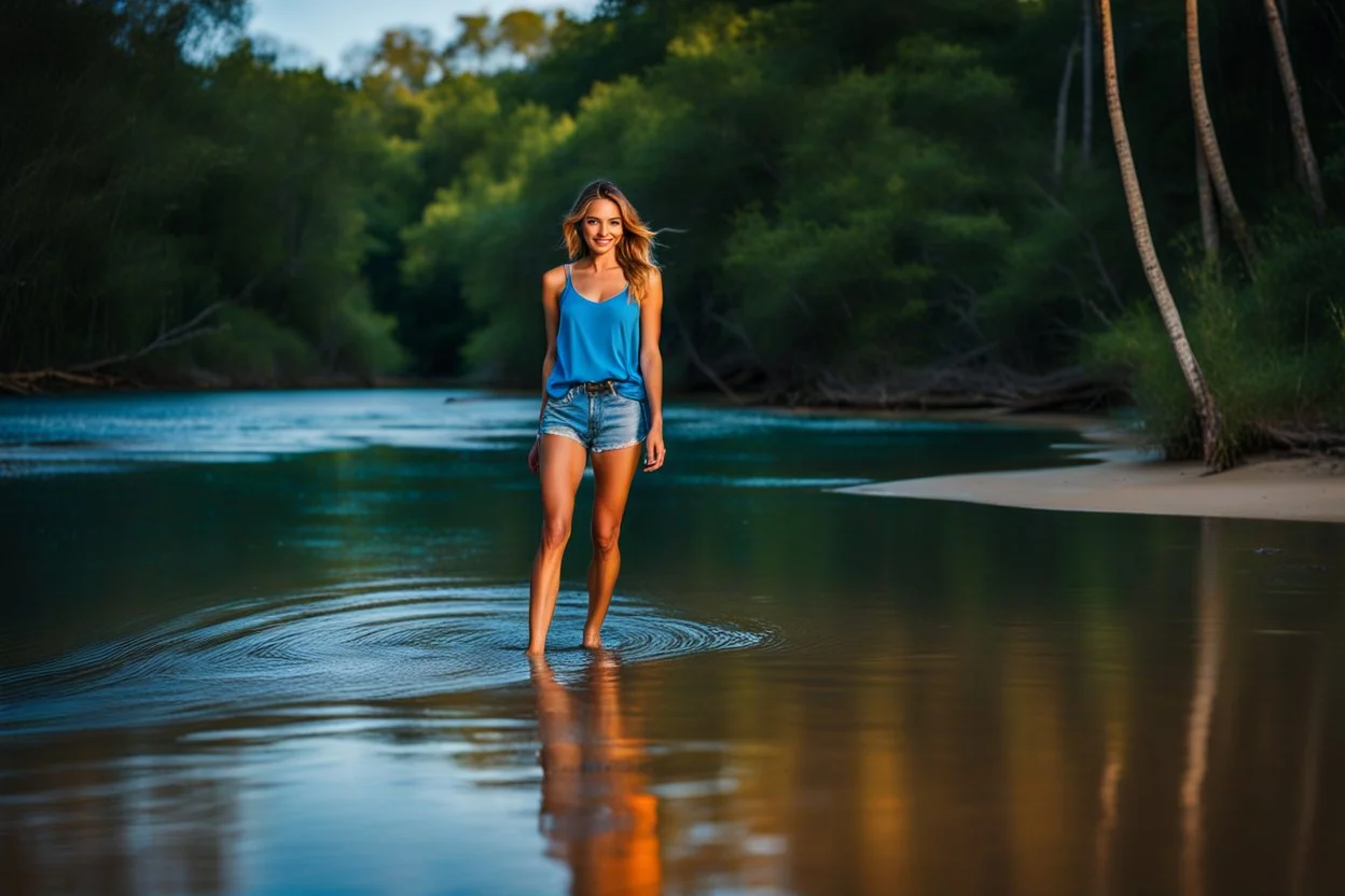 beautiful girl in blue short and orange top walking in water toward camera in trees next to wavy river with clear water and nice sands in floor.camera capture from her full body front