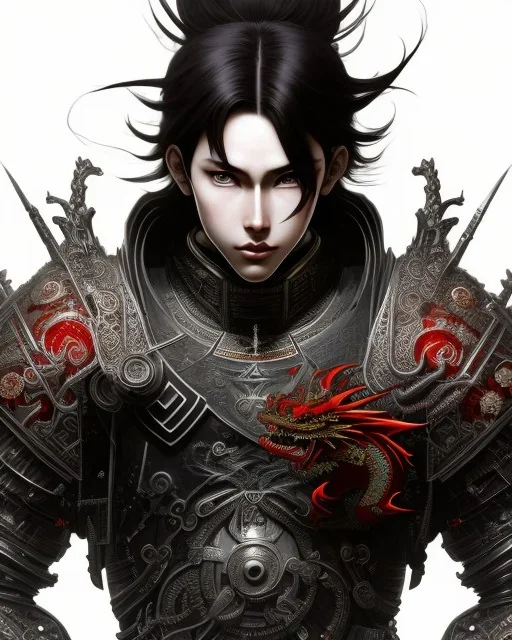 Detailed anime boy, dark brown hair, black and red dragon scale armour, intricate details, full body portrait, keep head in frame, slight smile, black Japanese motif, concept art, highly detailed, digital painting, concept art, sharp focus, illustration, art by Yoji Shinkawa, WLOP and greg rutkowski and alphonse mucha and artgerm and yanjun Chen and Junji ito and Makoto Shinkai, HDR, octane render