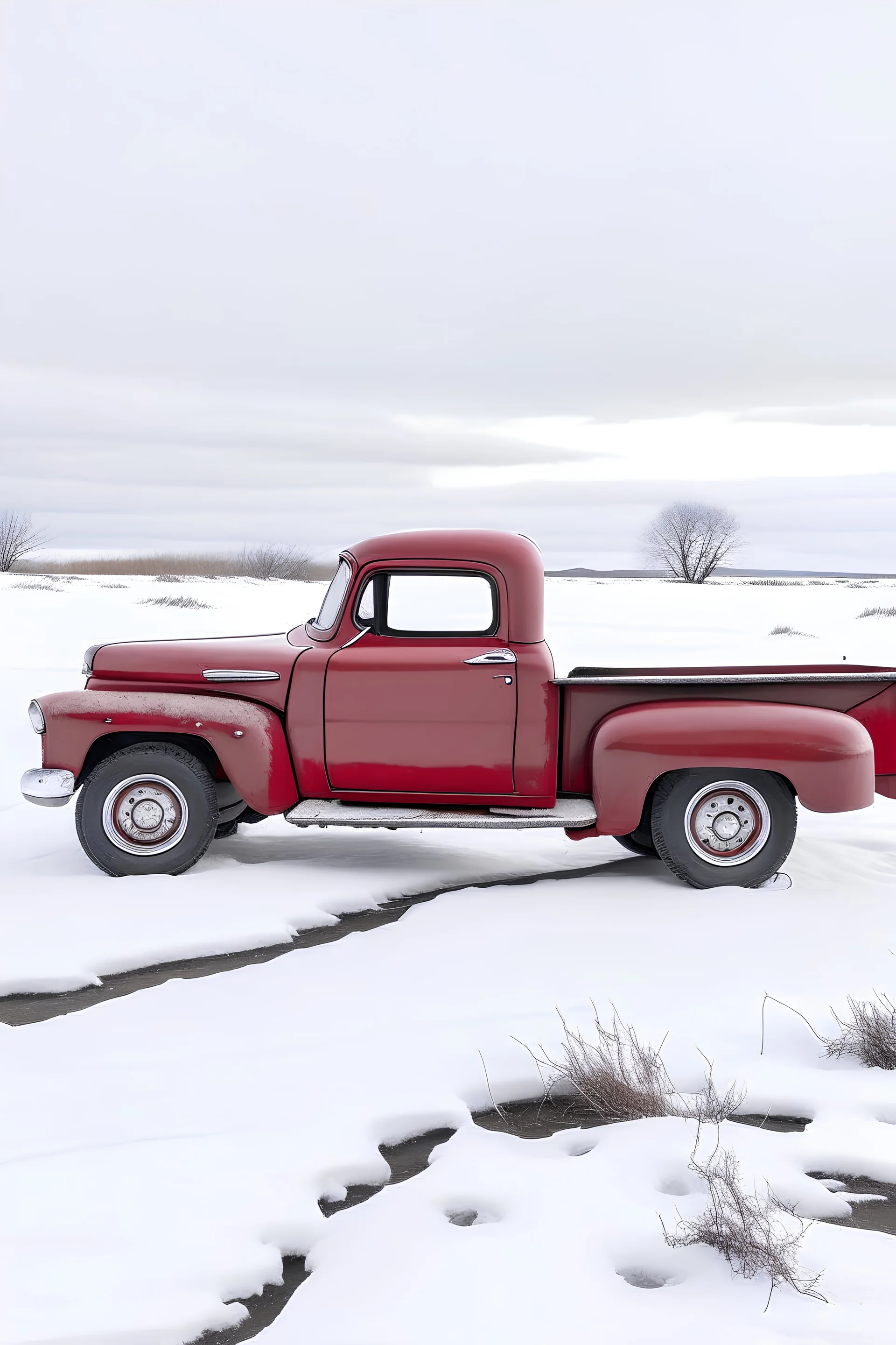 full antique red pickup truck in the distance snow field no background