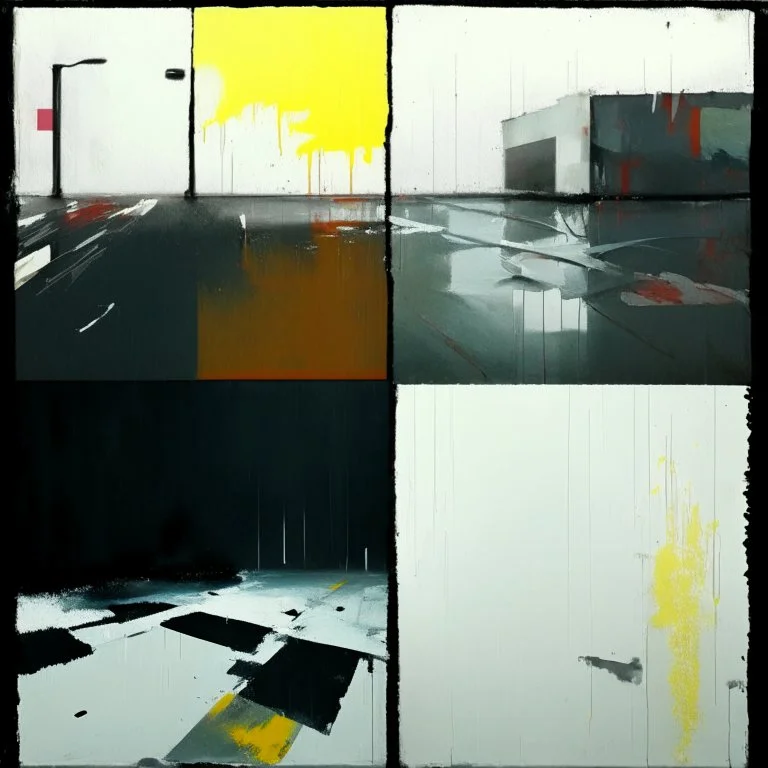 Minimal abstract oil paintings desolate 1960s carpark concrete fragments in a rain storm. style of Justin Mortimer and Francis Bacon. road markings.